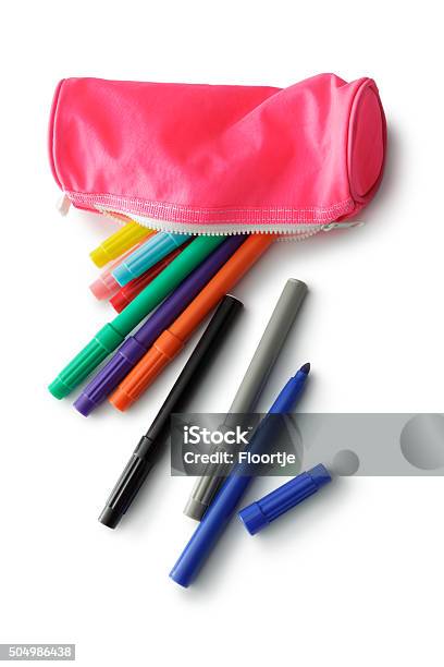 Office Markers In Pencil Case Stock Photo - Download Image Now - Needle Box, Education, Pencil Case