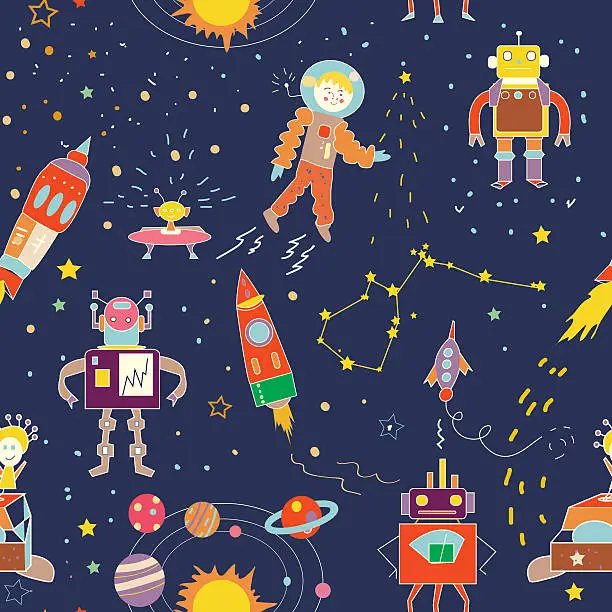 Vector illustration of Space funny seamless pattern for kids - illustration