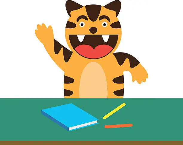 Vector illustration of Little tiger raising hand in class. Vector illustration