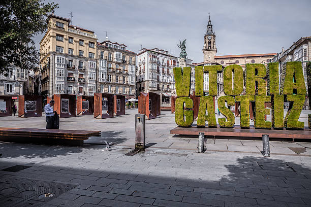 Vitoria-Gasteiz, Spain - September 24, 2015: Vitoria-Gasteiz, founded towards the end of the 12th century, is today a city of exceptional urban design. This gleaming city is the capital and crown jewel of the Basque Country, an orderly metropolis with more parks and gardens than any other city in Spain, broad promenades that are lined with handsome Gothic and neo-Classical buildings and plazas adorned with fountains and statues.