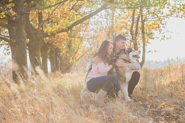 istock Man and woman walking with a dog 504990050