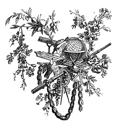 Antique illustration of a cul-de-lampe (French book ornament with a peculiar roughly triangle shape, usually put at the bottom of a page, a book or chapter). This cul-de-lampe depicts the two birds on a group of scientific objects: a globe, a thermometer, a compass, a goniometer. Branches and twigs with flowers and fruits surround the scene. This engraving has been realised from a composition by Fokks.