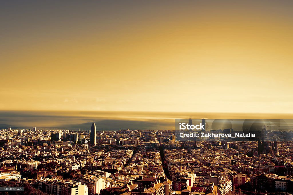 Barcelona - a bird view over city. Catalonia, Spain A bird view over city in sunset. Barcelona, Catalonia, Spain. Night, sunset Barcelona - Spain Stock Photo