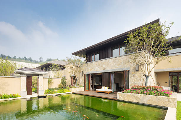 istock modern building near fishpond in blue sky 505020004