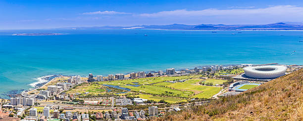 istock Cape Town panoramic of Robben Island and Stadium 505020582