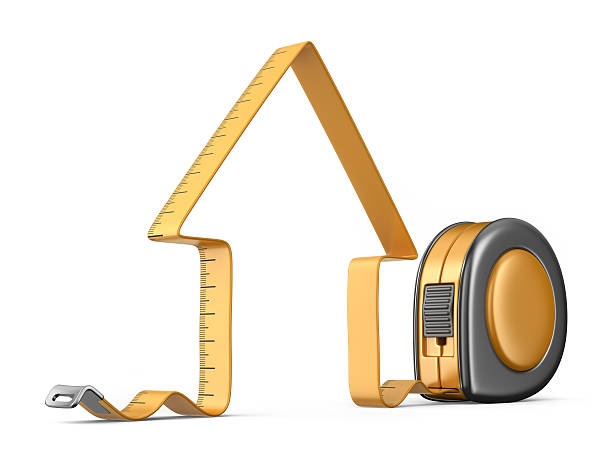 House and measuring tape 3D. Construction tool. Icon isolated stock photo