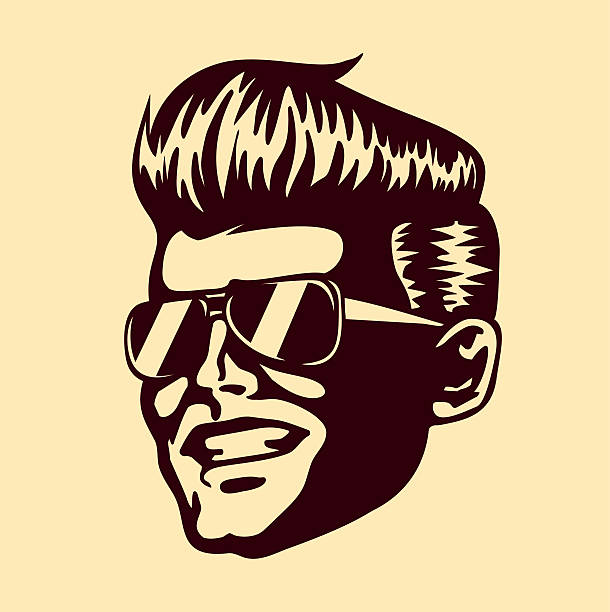 ilustrações, clipart, desenhos animados e ícones de homem retrô descolado cara com óculos de sol rockabilly vetor de cabelo - pompadour