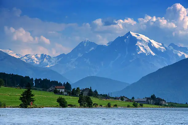 Beautiful view of the lake Muta (Haidersee) and Ortler peak, located near the village St. Valentin, Alps, Italy, Europe.