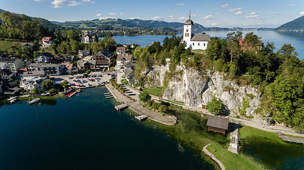 Traunsee summer lake (Austria). Aerial view Aerial, Beautiful Austrian landscape, Traunsee Gmunden linz austria stock pictures, royalty-free photos & images