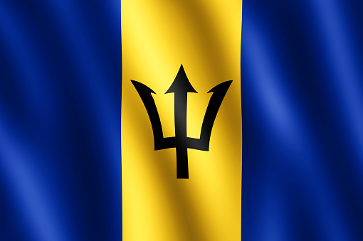 Flag of Barbados waving in the wind giving an undulating texture of folds in the fabric. The Image is in the official ratio of the flag - 2:3.