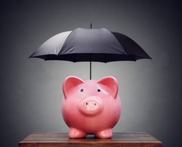 financial seguro ou proteção piggy bank com guarda-sol - security umbrella rain currency - fotografias e filmes do acervo