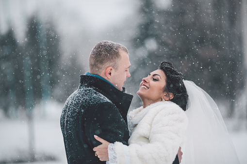 bride and groom in a winter frost with a snowflow