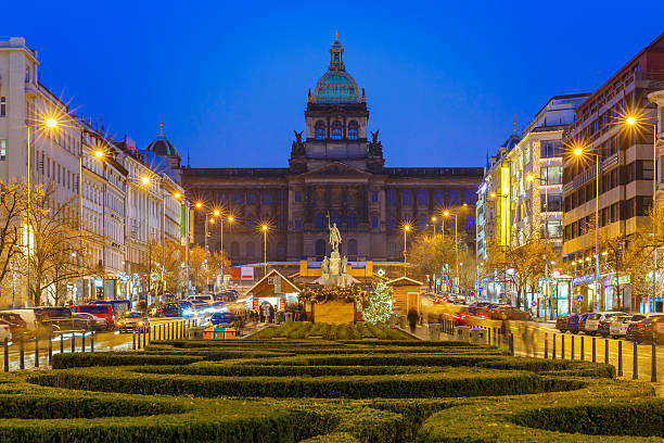 bokeh photo of wenceslas square at night, prague, czech republic - prague christmas bildbanksfoton och bilder