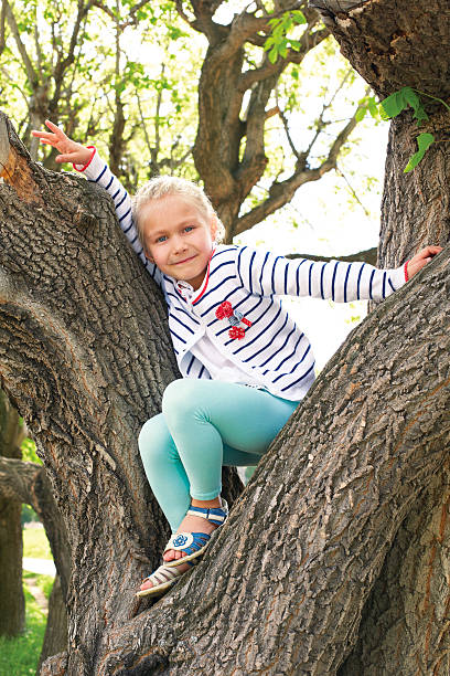 istock cute girl sitting on a tree in summer 505050081