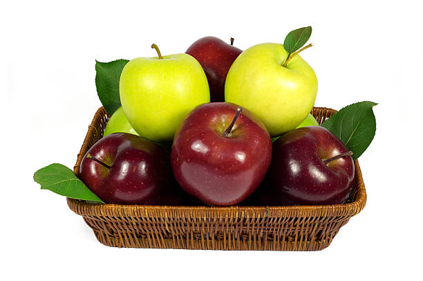 istock Fresh Red and Green Apples with Leaves in Wicker Basket 505050845