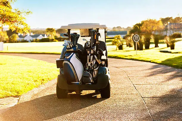 Backview of two young men driving an electric golf cart laden with their golf bags along a path through the golf course.