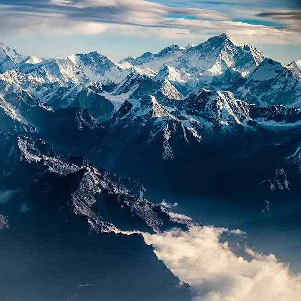 Mountain peak in Nepal Himalaya shot from an aerial point of view.