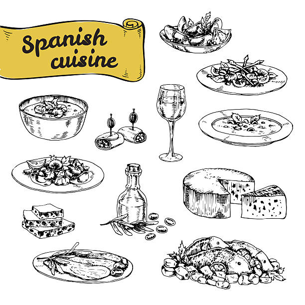 hand drawn vector illustration der traditionellen spanischen küche - spanisches essen stock-grafiken, -clipart, -cartoons und -symbole