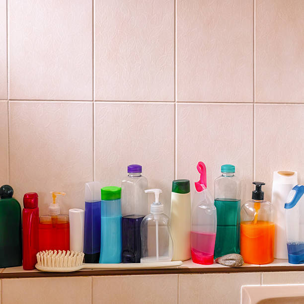 istock Many shampoo and soap bottles on a bathroom shelf. 505056656