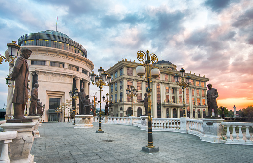 Ministry of Foreign Affairs and Freedom Bridge, part of the project called Skopje 2014 in Skopje, Macedonia