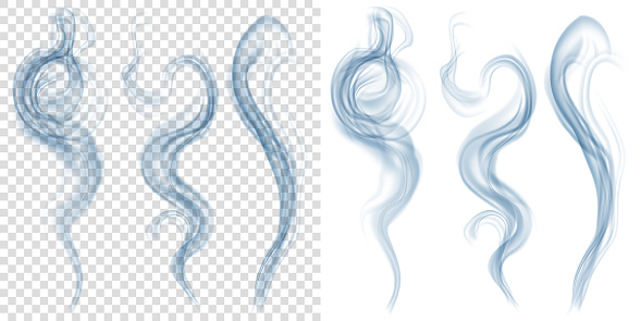 Set of translucent light blue smoke on transparent and white background. Transparency only in vector format. Vector illustrations. EPS10 and JPG are available