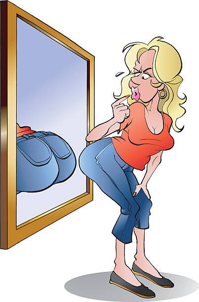 ilustrações de stock, clip art, desenhos animados e ícones de a verificar a menina no espelho atrás - woman in mirror backview