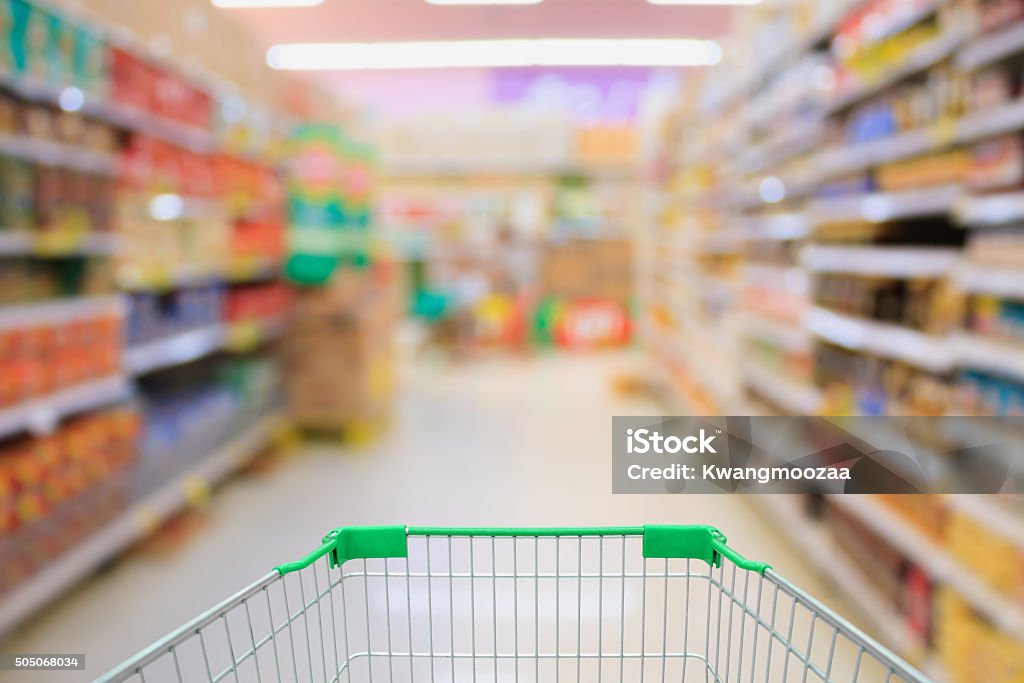Supermarket interior with shopping cart Supermarket Stock Photo