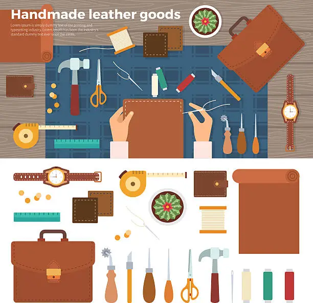 Vector illustration of Tools for Handmade with Leather. Hobby Concept