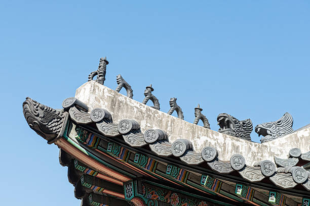 istock Traditional korea roof decoration. blue sky and Colorful structures 505071422