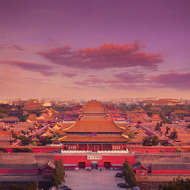 Forbidden City, Beijing Evening view over the historical Forbidden City (North Gate) in central Beijing, China. tiananmen square stock pictures, royalty-free photos & images