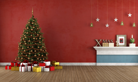 Modern Living Room Interior With Christmas Tree, Gift Boxes And Ornaments. Decorating Christmas Tree And Preparation For Christmas