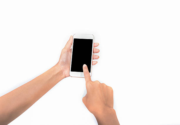 istock Woman hand holding Smartphone with blank screen on white background 505085308