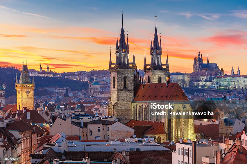 Aerial view over Old Town at sunset, Prague Aerial view over Church of Our Lady before Tyn, Old Town and Prague Castle at sunset in Prague, Czech Republic  Prague Stock Photo