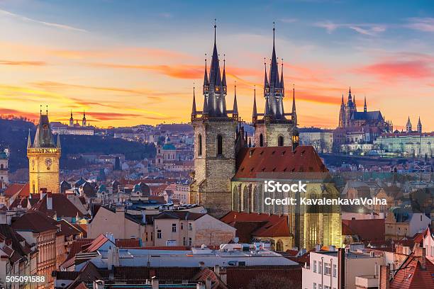 Aerial View Over Old Town At Sunset Prague Stock Photo - Download Image Now - Prague, Hradcany Castle, Czech Republic