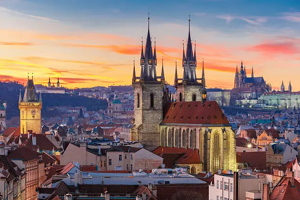 Aerial view over Church of Our Lady before Tyn, Old Town and Prague Castle at sunset in Prague, Czech Republic 