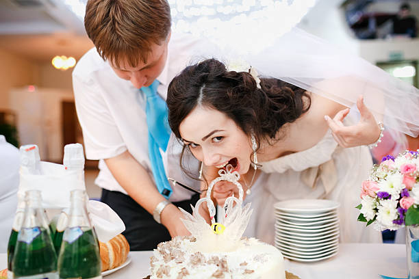 istock Impatient beautiful bride in white dress leaned forward quickly and 505091726