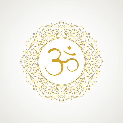 Golden om symbol. Gold lace frame. Vector isolated on white background. Spiritual icon in Indian religions. Mantra in Hinduism, Buddhism.