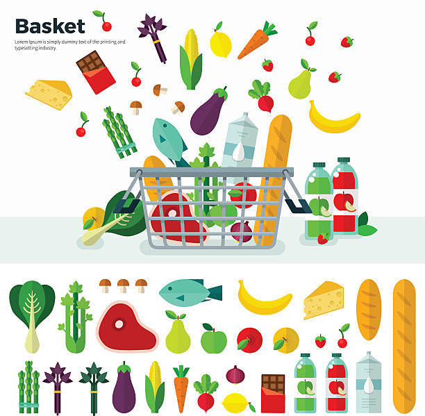 Basket with Vegetables Banner and Icon Set Concept of healthy food Basket with vegetables, cheese, juices, berries Icon set flat design of vegetables. For web site, mobile applications, banners, corporate brochures, book covers, layouts etc. groceries illustrations stock illustrations