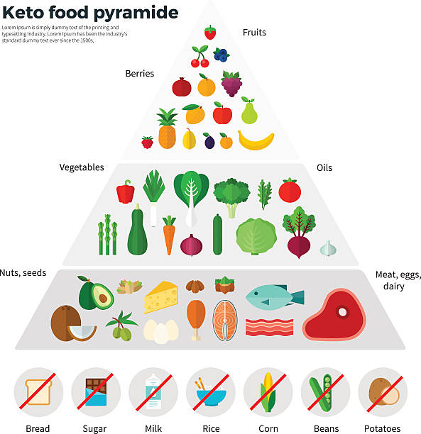 Healthy Eating Concept Keto Food Pyramide Healthy eating concept. Keto food pyramide. Fruits, berries, oils, nuts, seeds, meat, eggs, dairy. For website construction, mobile applications, banners, corporate brochures, book covers, layouts  atkins diet stock illustrations