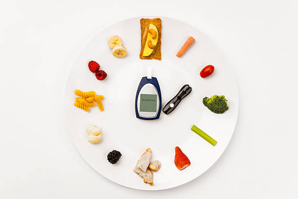 당뇨병 시계 컨셉입니다, 글라우코미터 및 식품. - glaucometer 뉴스 사진 이미지