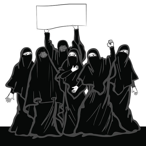 Muslim women protested on the demonstration. Muslim women protested on the demonstration. Middle Eastern women wear the burqa and niqab. burka stock illustrations