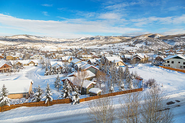 Little town in Colorado Steamboat springs, colorado village from a hot air ballon midair. steamboat springs stock pictures, royalty-free photos & images