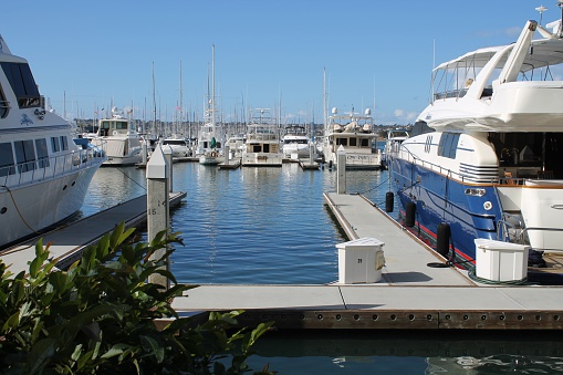 Piers and boats in harbor in San Diego, California.