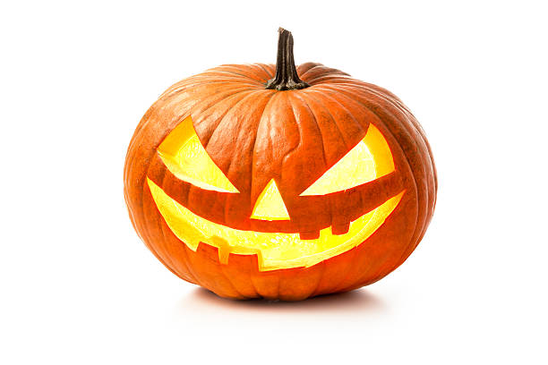 Halloween pumpkin head jack lantern Halloween pumpkin head jack lantern with burning candles isolated on white background carving craft product photos stock pictures, royalty-free photos & images