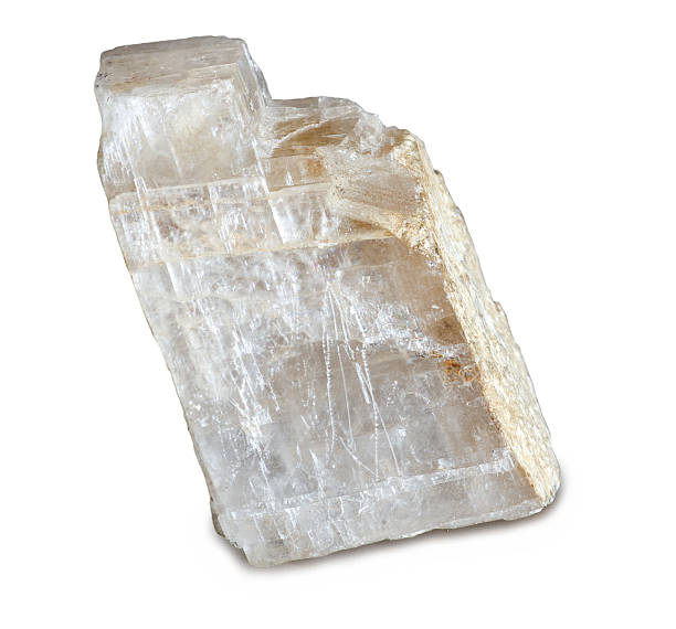Mineral  calcite isolated on white Mineral  calcite. A white or colorless mineral consisting of calcium carbonate. It is a major constituent of sedimentary rocks such as limestone, marble, chalk, can occur in crystalline form. calcite stock pictures, royalty-free photos & images