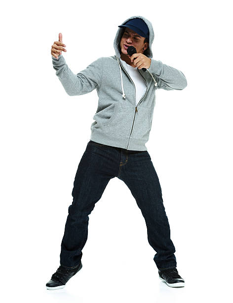 istock Male rapper singing song with microphone 505096860