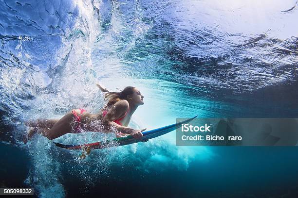Underwater Photo Of Girl With Board Dive Under Ocean Wave Stock Photo - Download Image Now