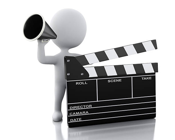 istock 3d white person standing next to movie clapper. 505099154