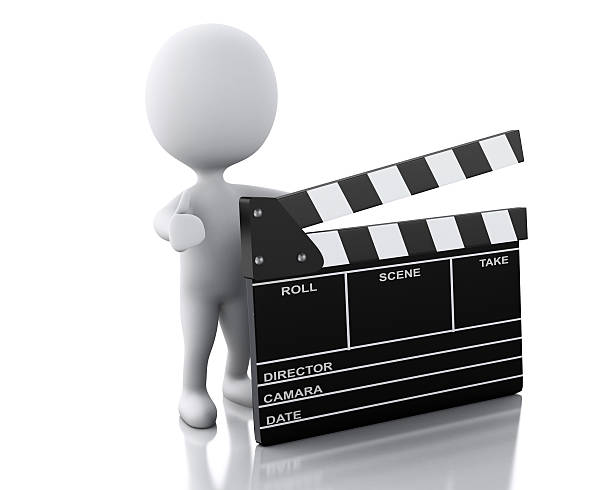 istock 3d white person standing next to movie clapper. 505099174