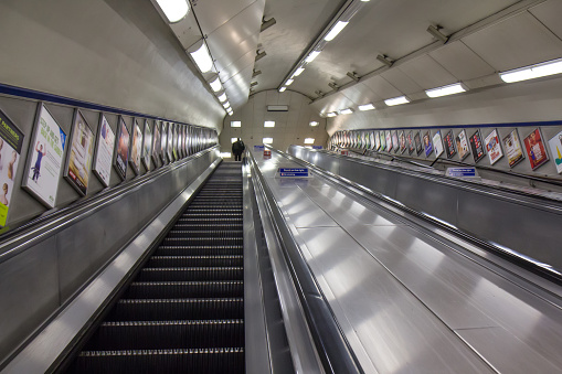 This is a photograph of a descending escalator in Amsterday.